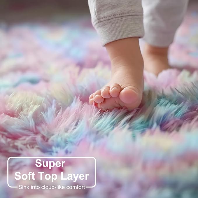 Amdrebio Rainbow Unicorn Large Fuzzy Rug 8x10
