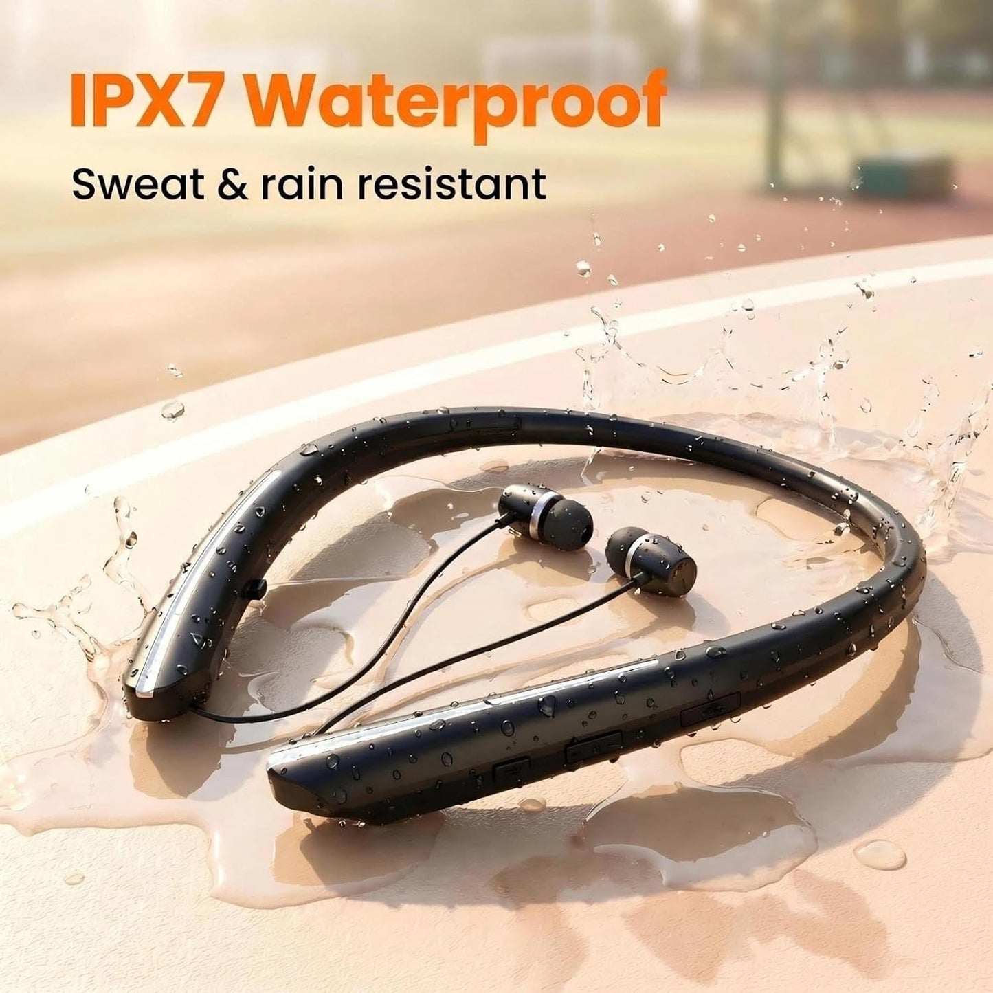 Bluetooth 5.3 Neckband Bluetooth Headphone, Sweat Resistant Noise Cancelling Stereo Headphones, and Retractable Ear Tips for Music, Conference, Videos (Black)