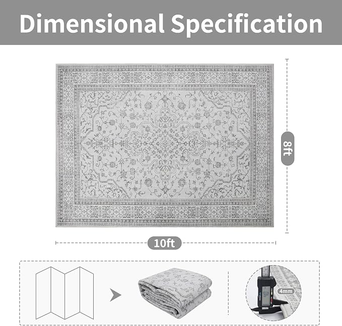 8x10 Boho Washable Area Rugs for Living Room, Dining Room-Gray White | Retro