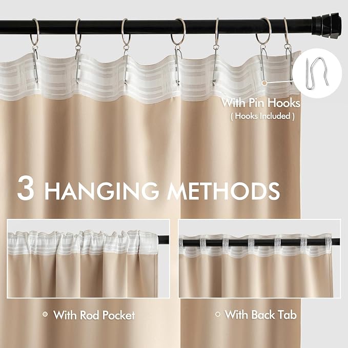MIULEE Beige Back Tab Blackout Curtains 52x96 Inch Long 2 Panels Set | Rod