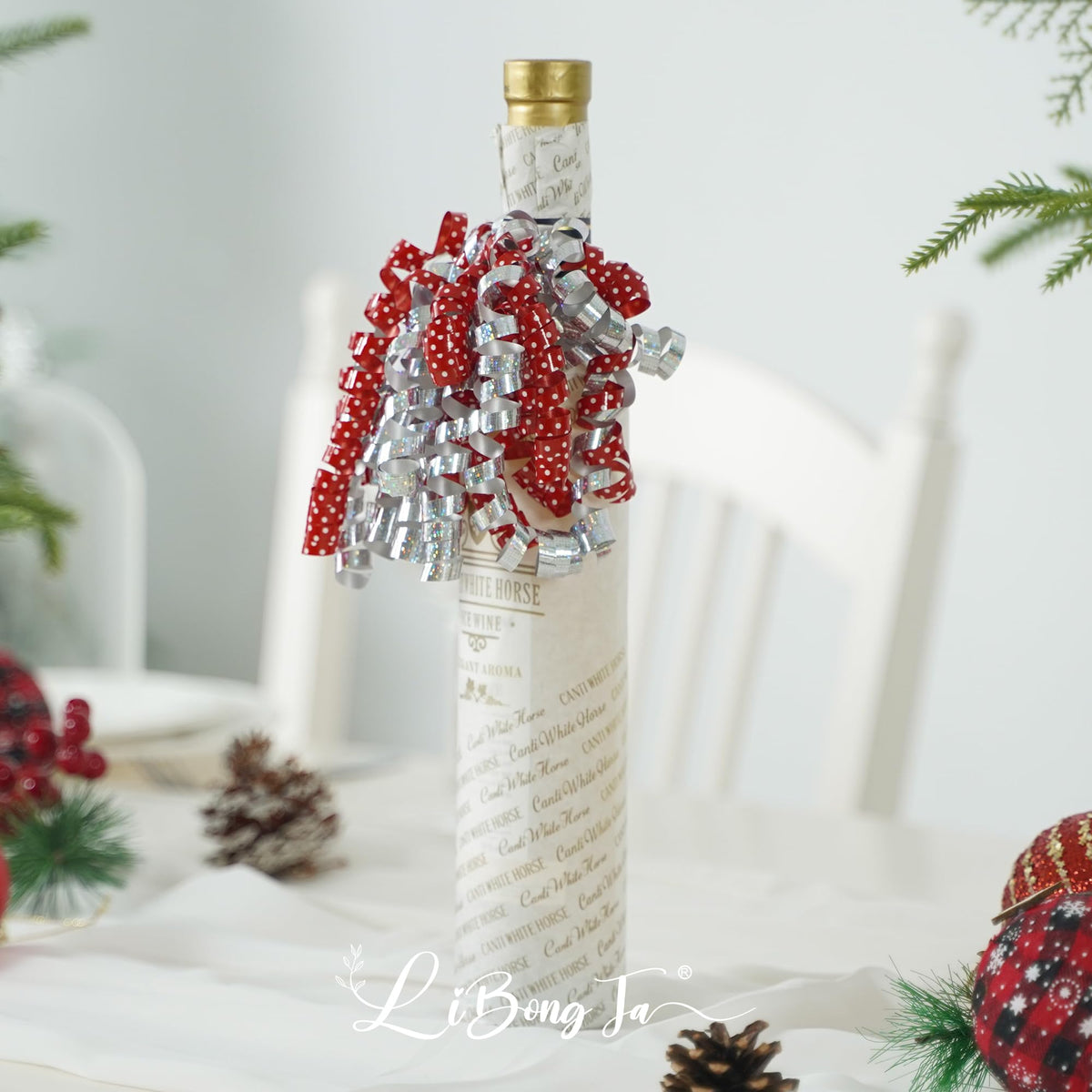 LiBongTa 12 PCs Bows 5" Silver and Red Bow Ornaments with White Dots