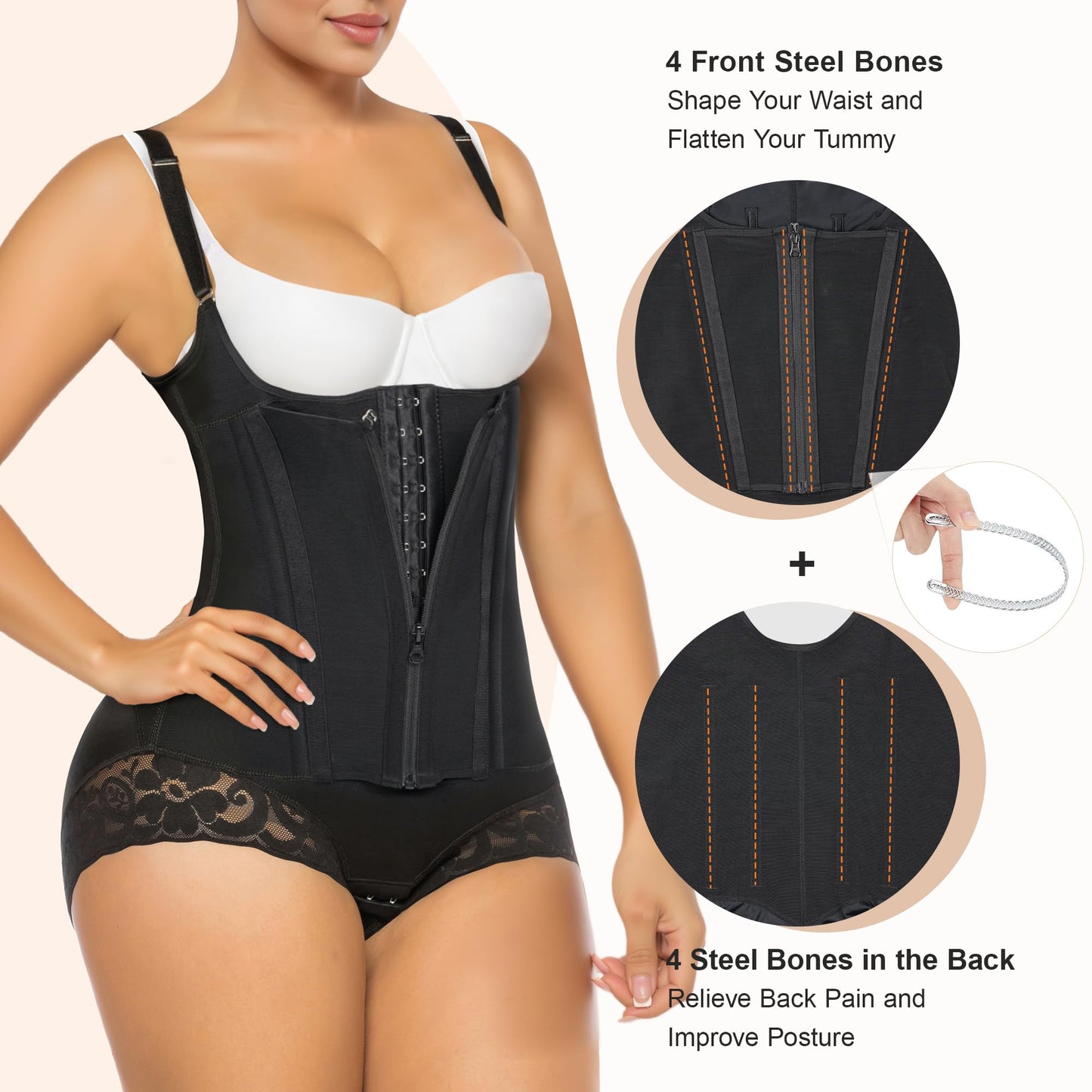 SHAPERX Women's Fajas Colombianas Tummy Control Shapewear Body Shaper with Steel Boned Support