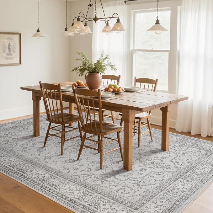 8x10 Boho Washable Area Rugs for Living Room, Dining Room-Gray White | Retro