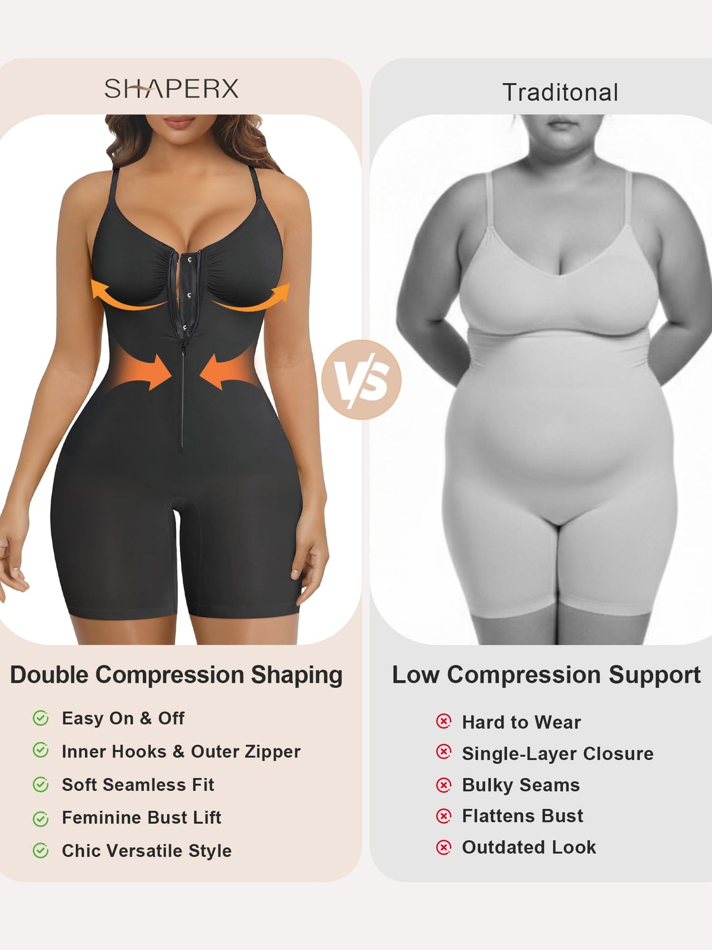 SHAPERX Women's Shapewear Bodysuit Tummy Control Seamless Zip-Up Body Shaper Waist Defining Silhouette