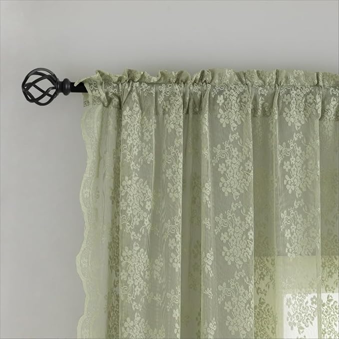 YJ YANJUN Vintage Lace Curtains 120 Inch Length-Victorian Floral Pattern Sage