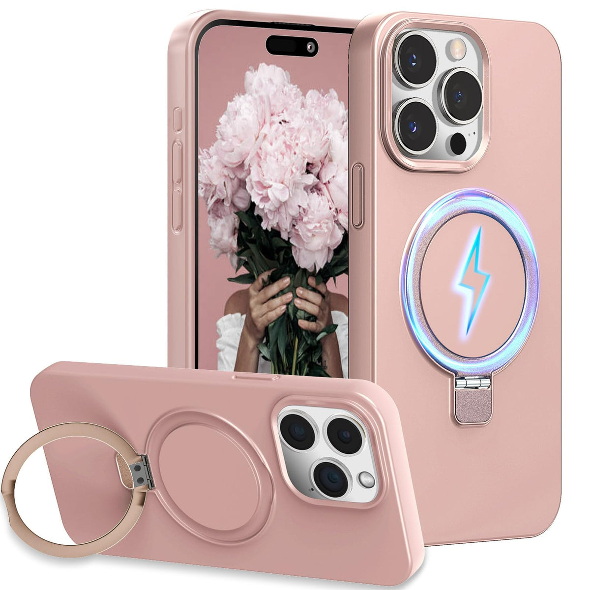 [Like New] LOHASIC MagSafe Silicone Case with Ring Stand for iPhone 15 Pro Max, Pink