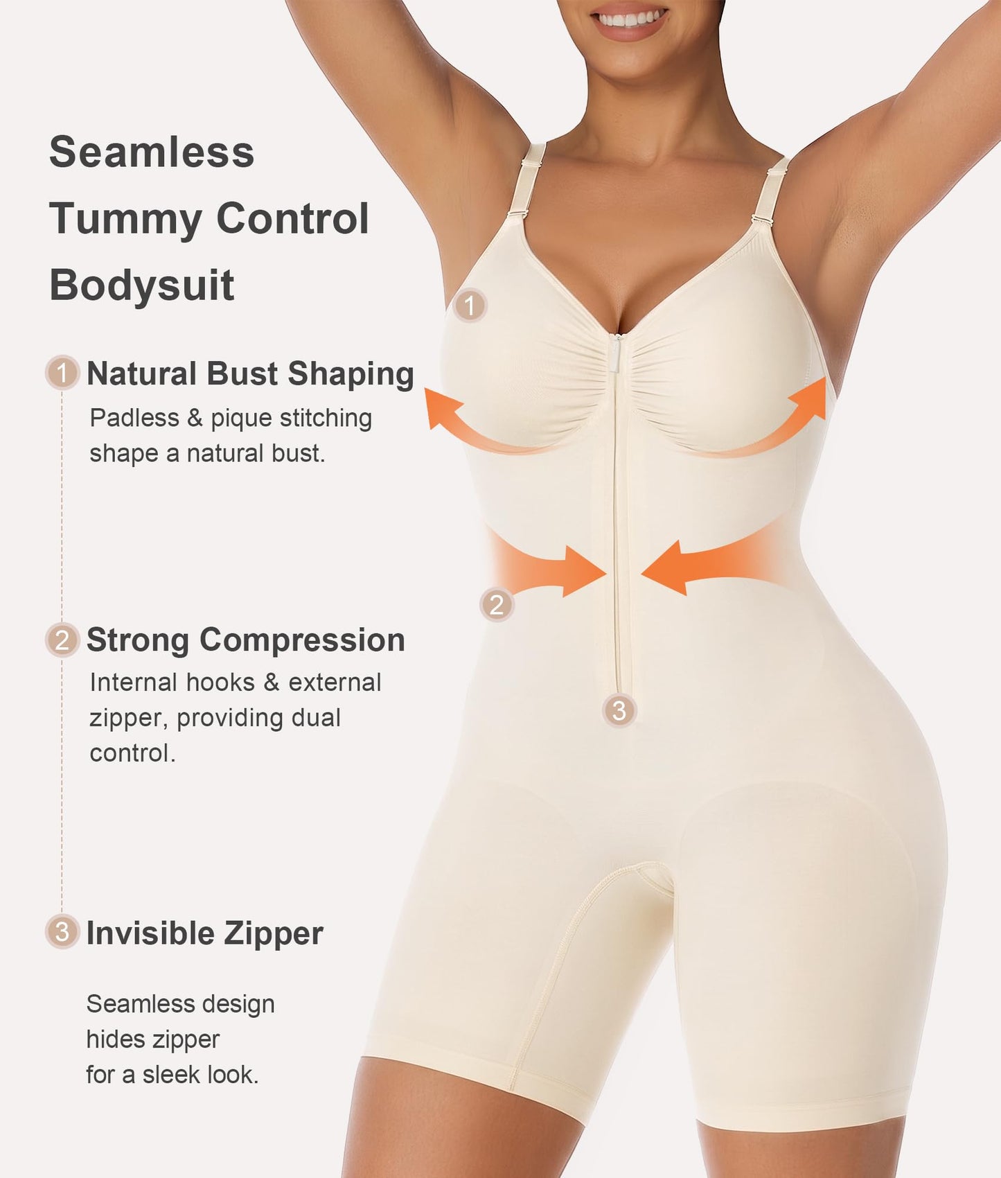 SHAPERX Women's Shapewear Bodysuit Tummy Control Seamless Zip-Up Body Shaper Waist Defining Silhouette