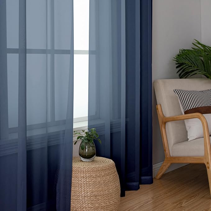 Navy Blue Sheer Curtains 78 Inches Long 2 Panels, Light Filtering Voile Airy