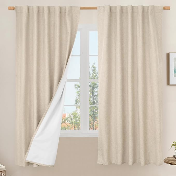 100% Blackout Linen Curtains 63 Inches 2 Panels