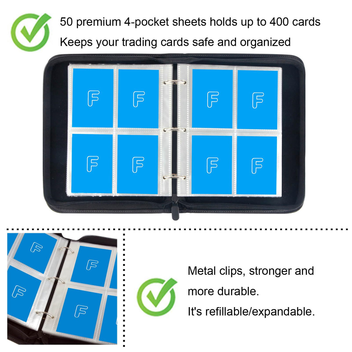 Famard 4 Pocket Carrying Case Binder for Standard Trading Card, Holds Up to 400 Cards with 50 Premium Sleeves Compatible with MTG, TCG and Sports Cards