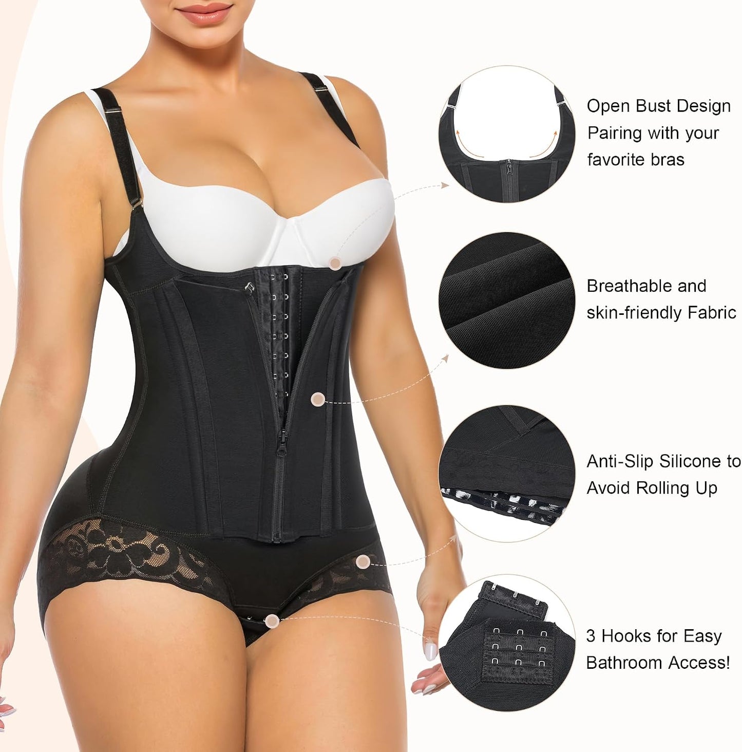 SHAPERX Women's Fajas Colombianas Tummy Control Shapewear Body Shaper with Steel Boned Support