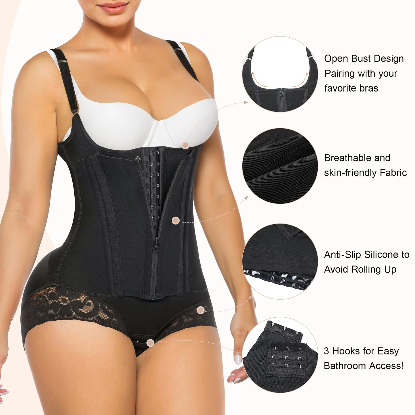 SHAPERX Women's Fajas Colombianas Tummy Control Shapewear Body Shaper with Steel Boned Support