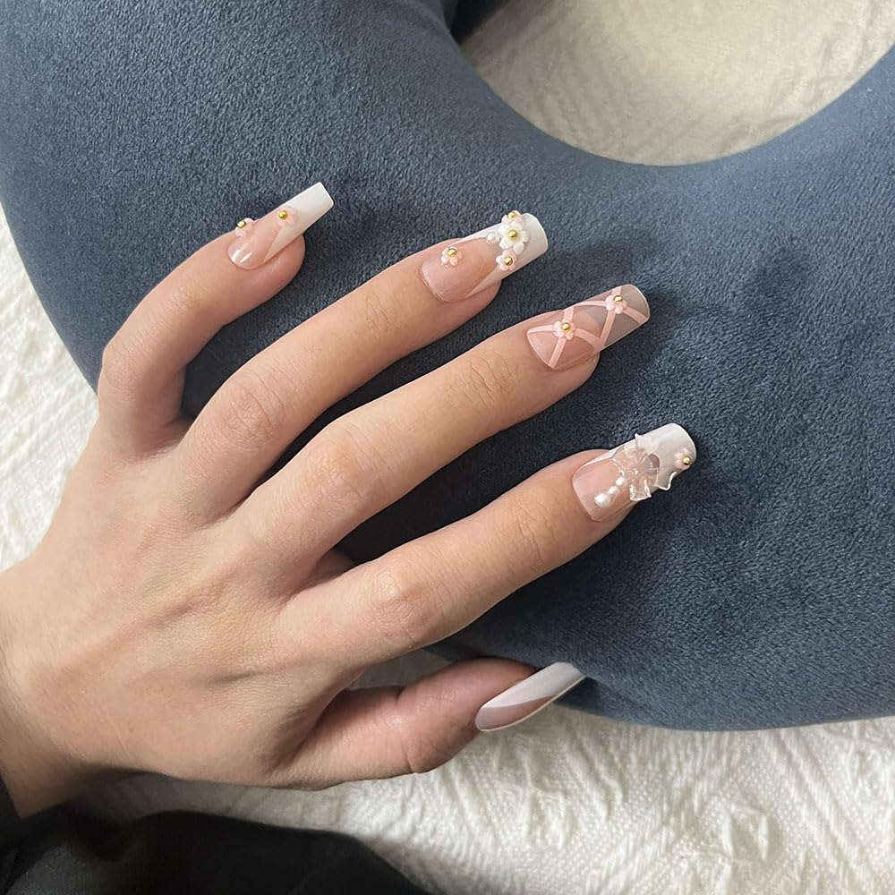 PIVHWIR 29-Piece Long Press-On Nails, Pink Bow Flower Design