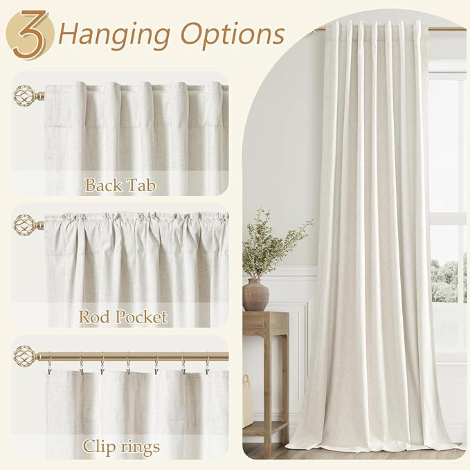 100% Blackout Linen Curtains for Bedroom 90 Inches Long Natural Cream Black Out