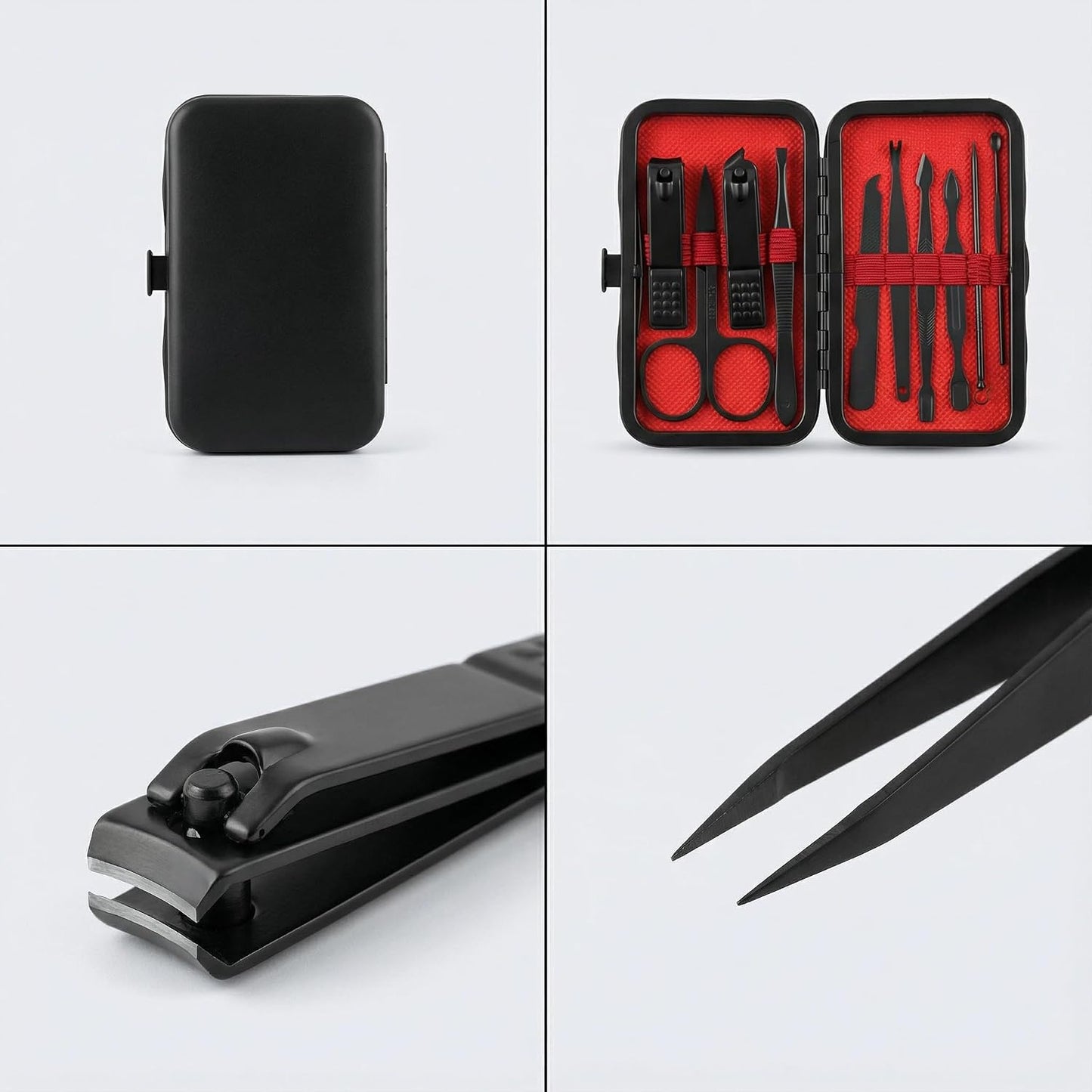 Luxury 10-in-1 Professional Manicure Set - Premium Stainless Steel Nail Clippers & Grooming Kit with Elegant Travel Case for Ultimate Hand, Foot & Facial Care (Black/Red)