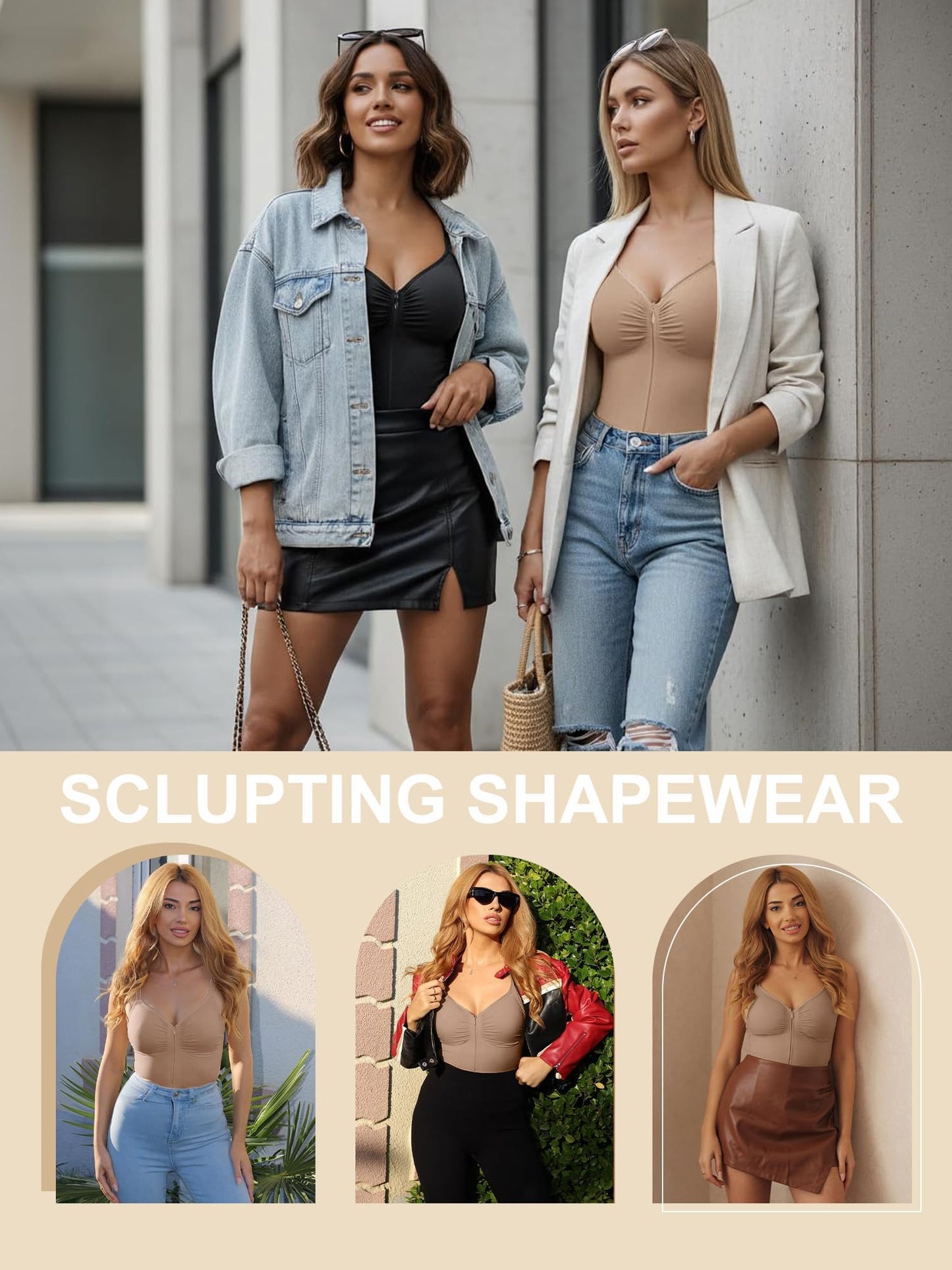 SHAPERX Women's Shapewear Bodysuit Tummy Control Seamless Zip-Up Body Shaper Waist Defining Silhouette