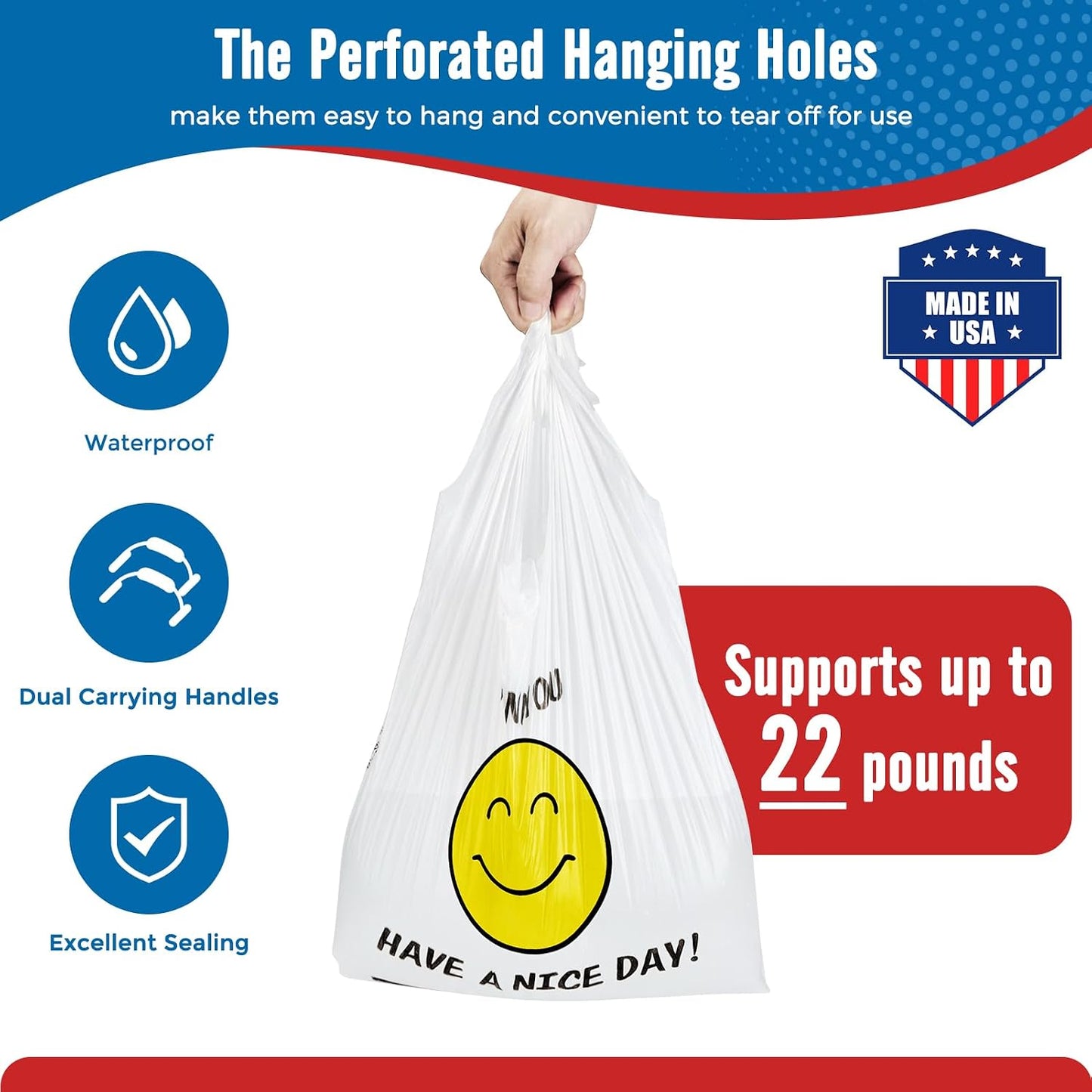 11.5x6.5x21“ 0.47mil Happy Smiling Face Plastic Bags | 1000 Counts Wholesale