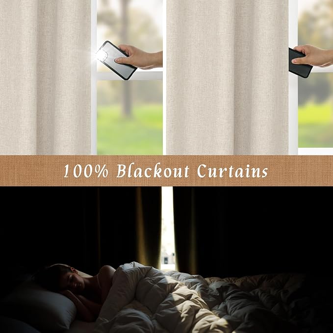 100% Blackout Linen Kitchen Window Curtains 36 Inches 2 Panels | Oatmeal