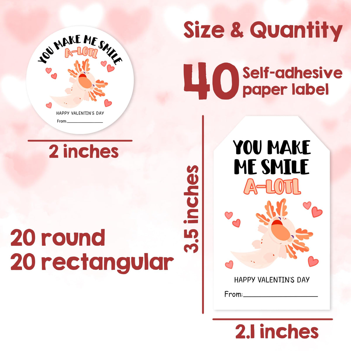 Valentine's Day Labels-You Make Me Smile A-Lotl-20 Circles & 20 Rectangles Self-Adhesive Paper Stickers for Valentines Gifts Envelope Sealing Snack Stickers, Valentine's Day Supplies-05