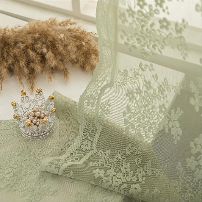 YJ YANJUN Vintage Lace Curtains -Victorian Floral Sage Green 102 inches Curtains