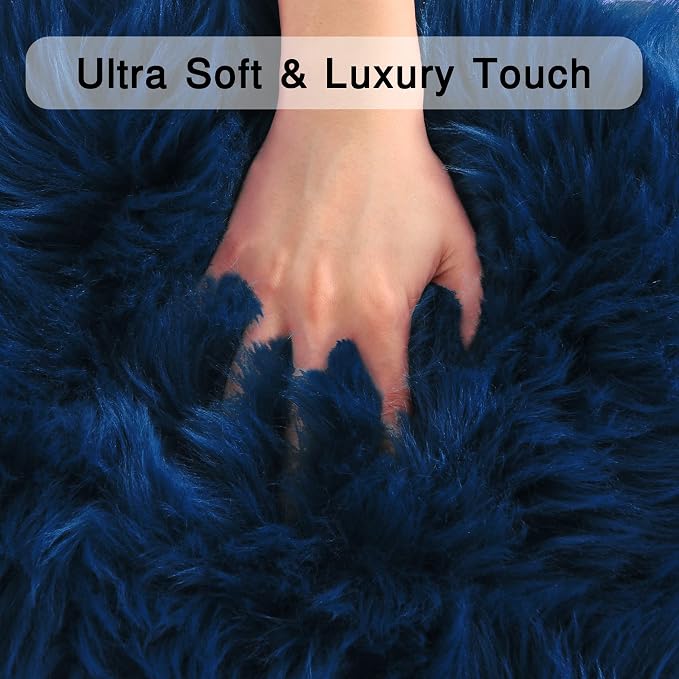 Navy Blue Faux Sheepskin Throw Rug 2x3 ft, Small Fluffy Fur Chair Cover | Shag