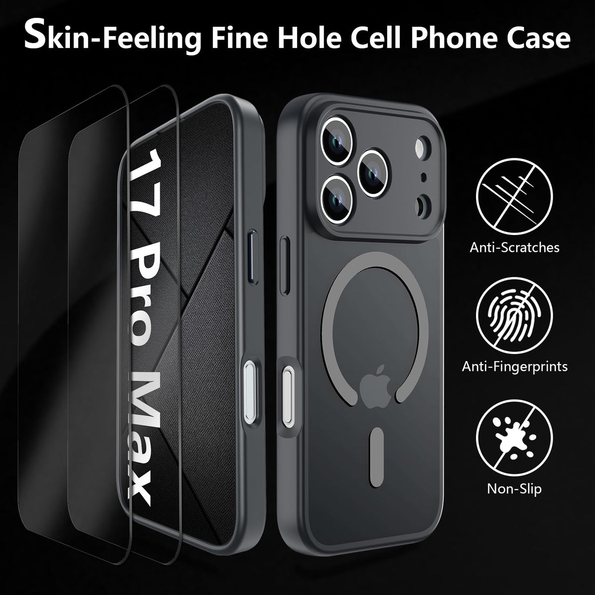 YFEMLAZ Magnetic for iPhone 17 Pro Max Case,with Screen Protectors X2,Full Camera Protection,Compatible with MagSafe,Translucent Matte,Anti-Fingerprint?Shockproof Protective Phone Case,6.9",Black