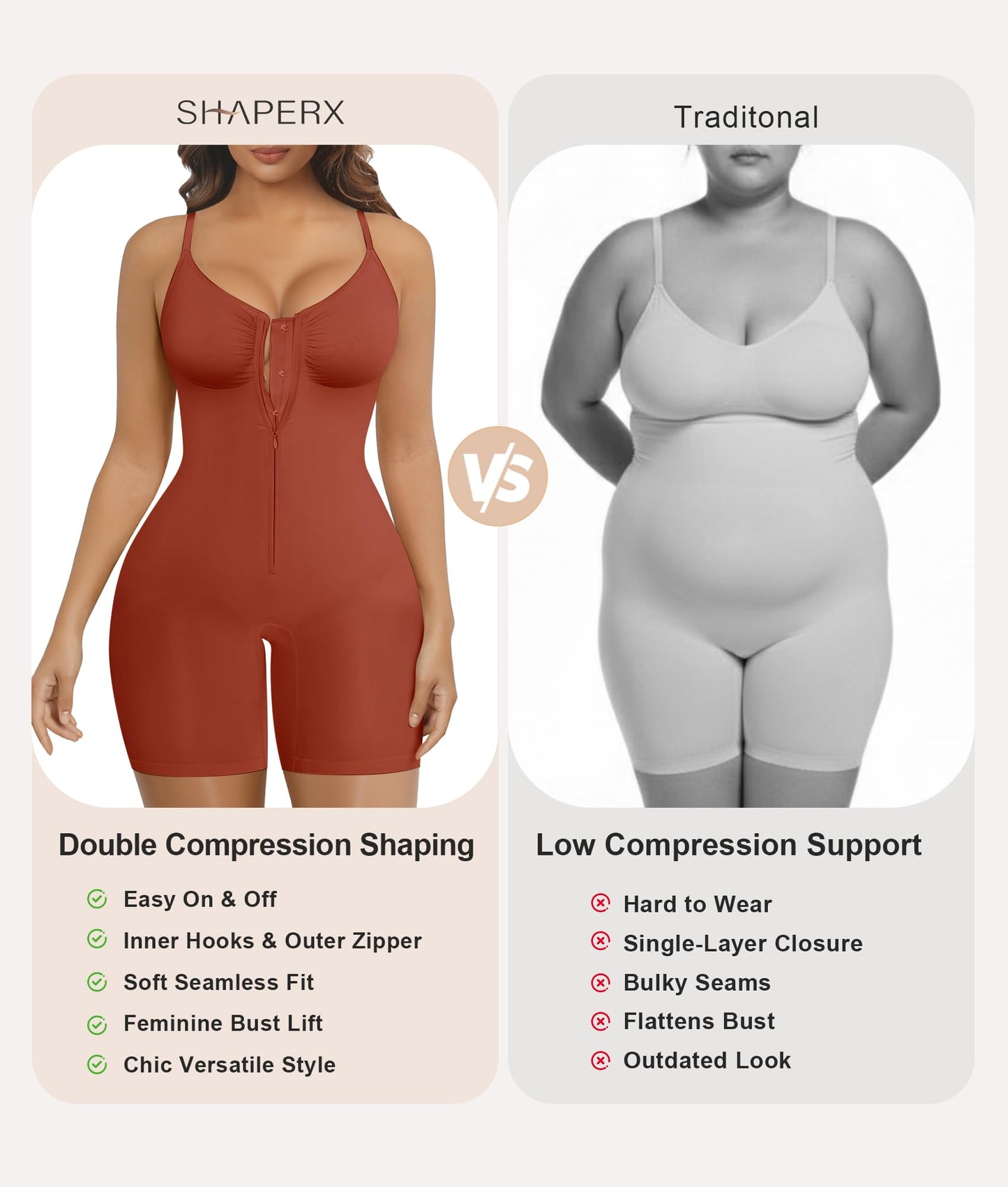 SHAPERX Women's Shapewear Bodysuit Tummy Control Seamless Zip-Up Body Shaper Waist Defining Silhouette