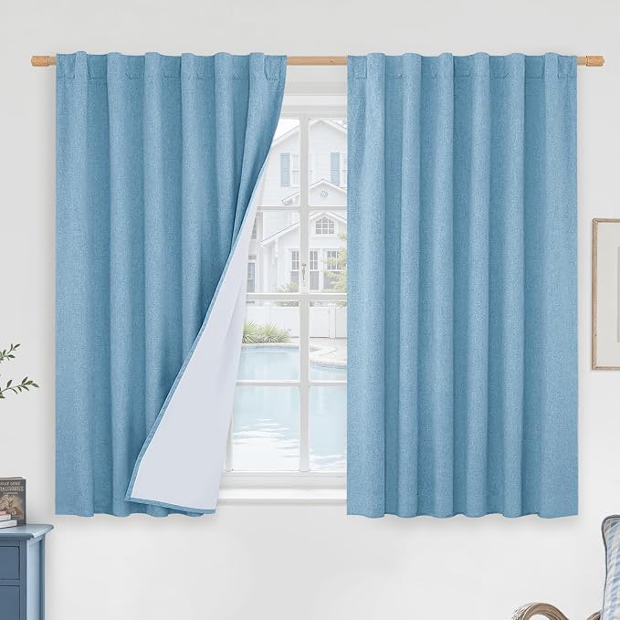 Blue 100% Blackout Linen Window Curtains