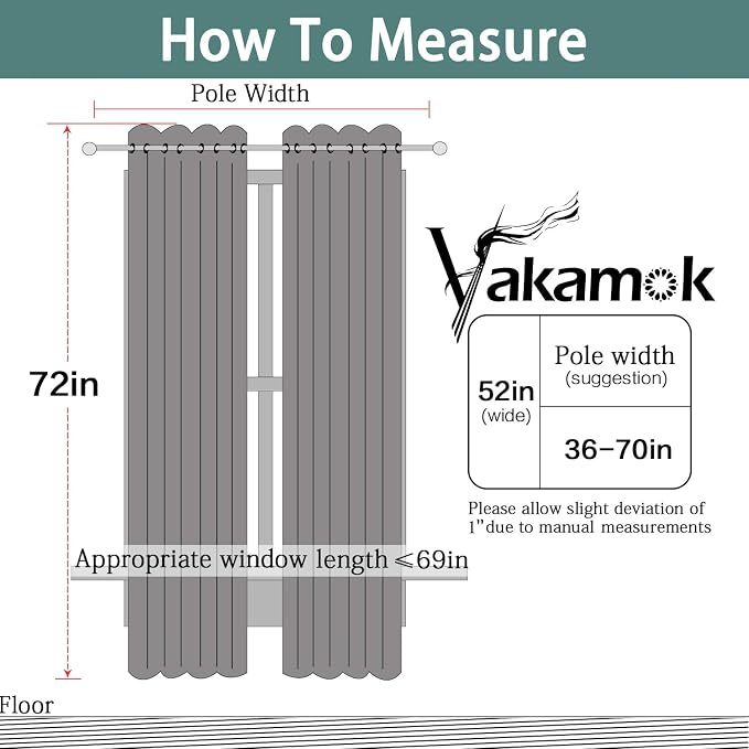 Yakamok Dark Grey 100% Blackout Curtains 72 Inches Long 52" Wide 2 Panels |