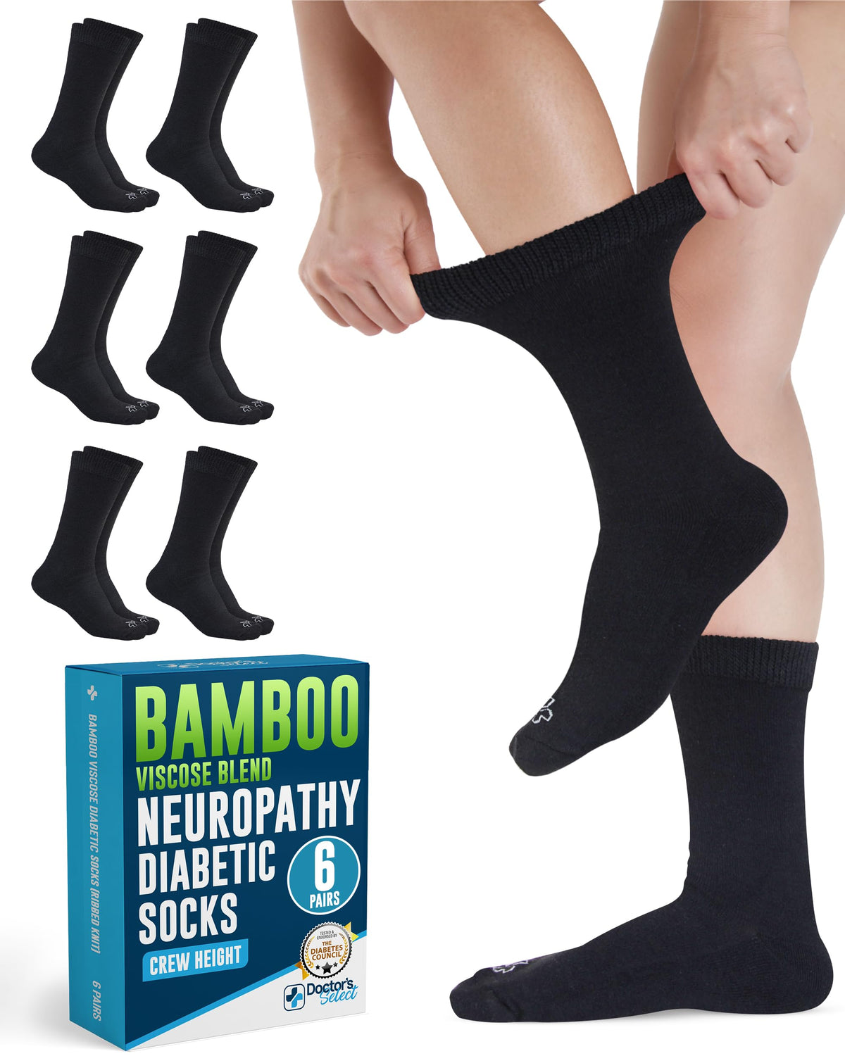 Doctor's Select Diabetic Socks for Women - 6 Pairs Knit Womens Diabetic Socks for Swollen Feet, Bamboo Viscose, Non-Binding Top LXL-6Wht
