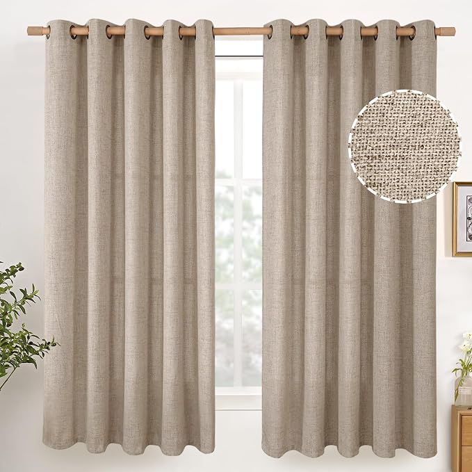 YoungsTex Oatmeal Linen Curtains 60 x 63 Inch Length 2 Panels Set | Wide Semi
