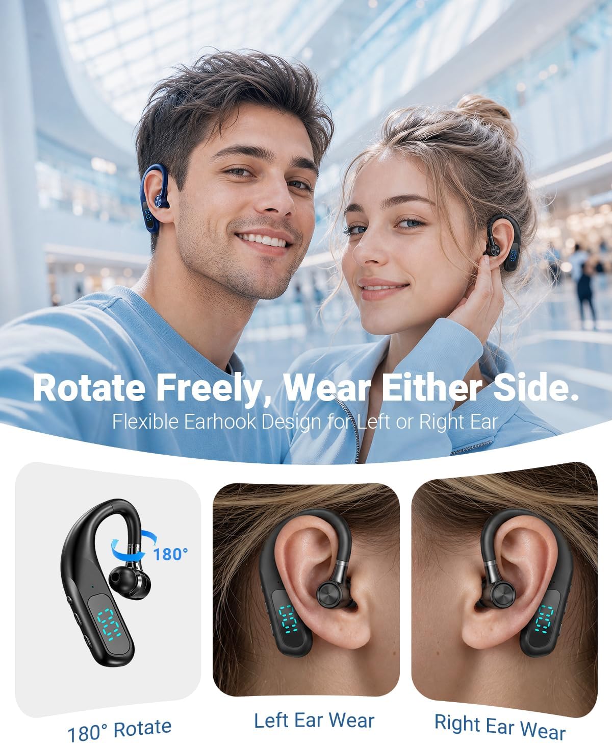 Xmenha Bluetooth Earpiece Hands Free Blue Tooth Headset with Noise Canceling Mic Ear Piece One Single Ear Bluetooth Earbud Wireless Office Cell Phone Trucker Headsets for Work
