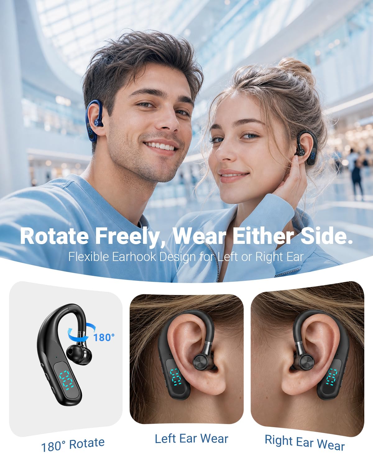 Xmenha Bluetooth Earpiece Hands Free Blue Tooth Headset with Noise Canceling Mic Ear Piece One Single Ear Bluetooth Earbud Wireless Office Cell Phone Trucker Headsets for Work