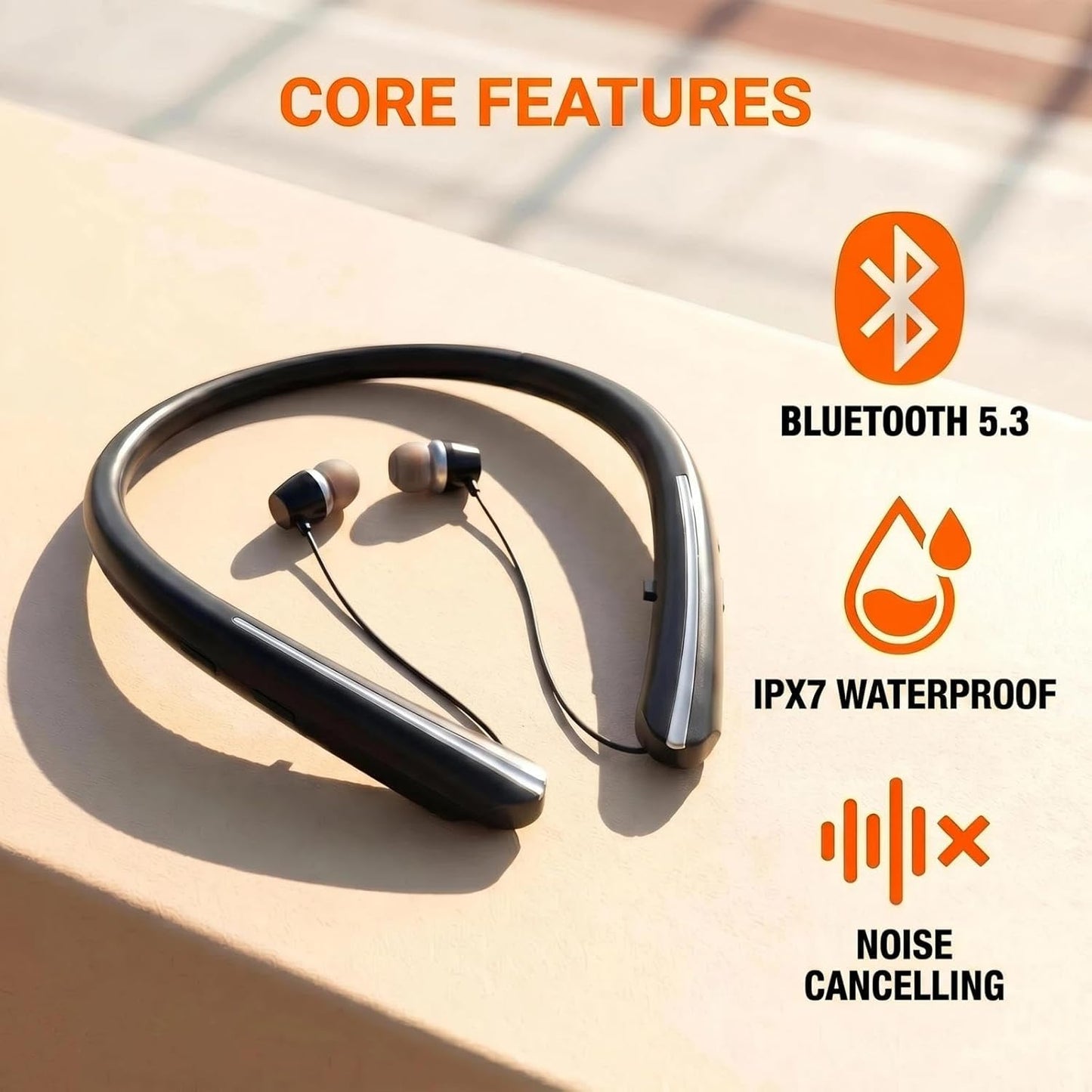 Bluetooth 5.3 Neckband Bluetooth Headphone, Sweat Resistant Noise Cancelling Stereo Headphones, and Retractable Ear Tips for Music, Conference, Videos (Black)