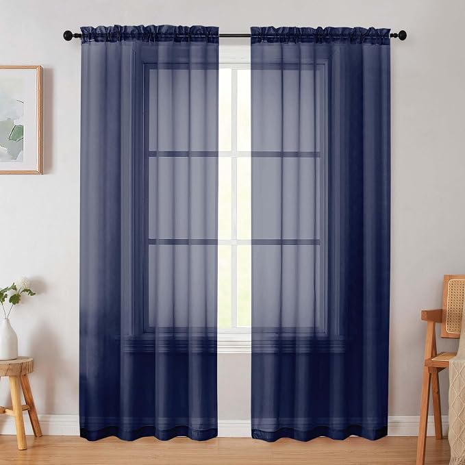 Navy Blue Sheer Curtain for Bedroom Living Room 78 Inches Long 2 Panels Set