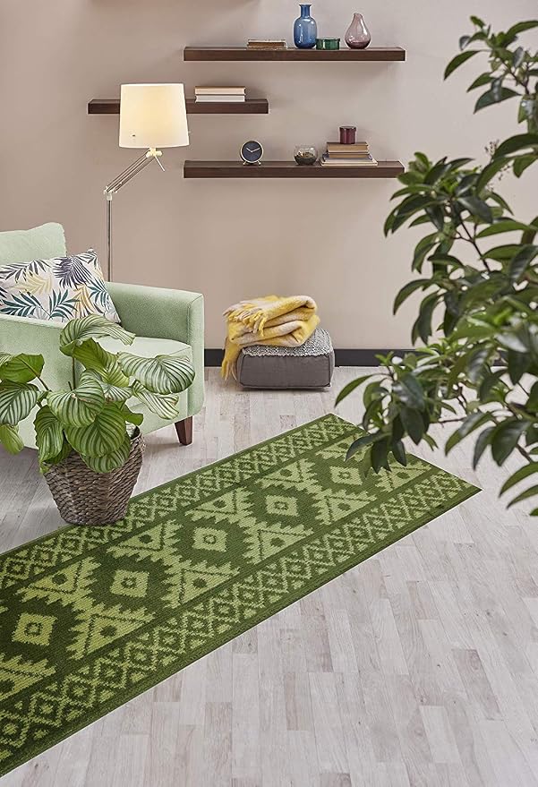 Custom Length Hallway Runner Rug, Slip Resistant, Southwestern Green, 26 Inch X