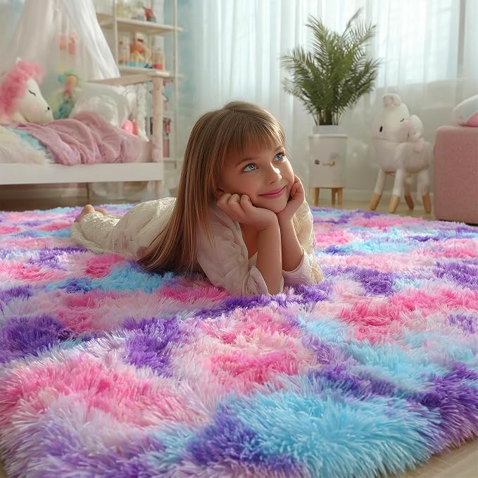 Rainbow Purple Rugs for Girls Bedoom 5x7 Ft, Fluffy Pastel Princess Carpet |