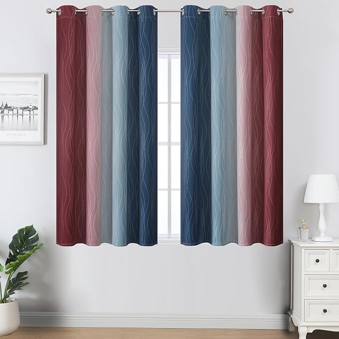 Navy Blue and Burgundy Red Ombre Blackout Curtains