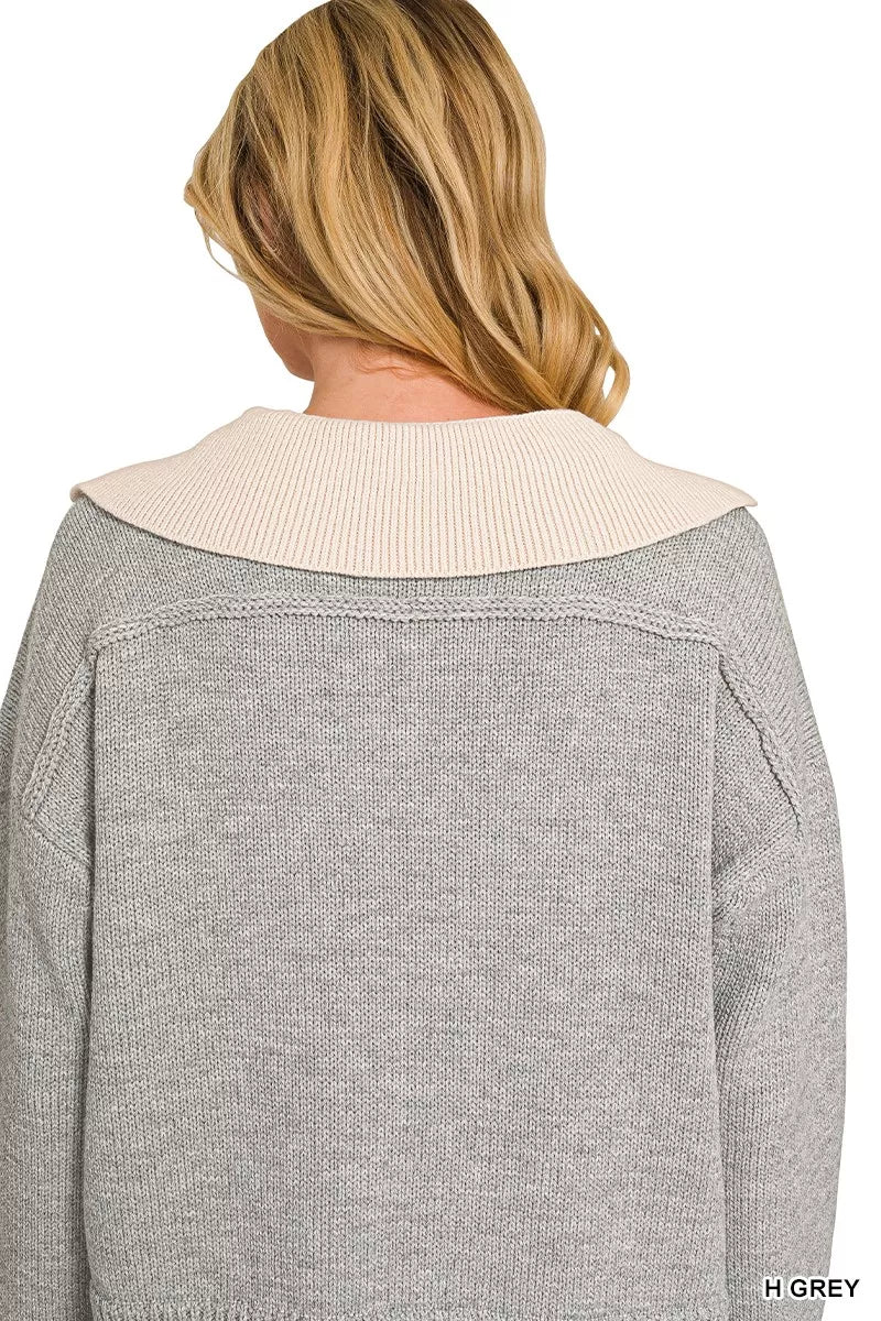 Zenana Dual-look Collared V-neck Sweater
