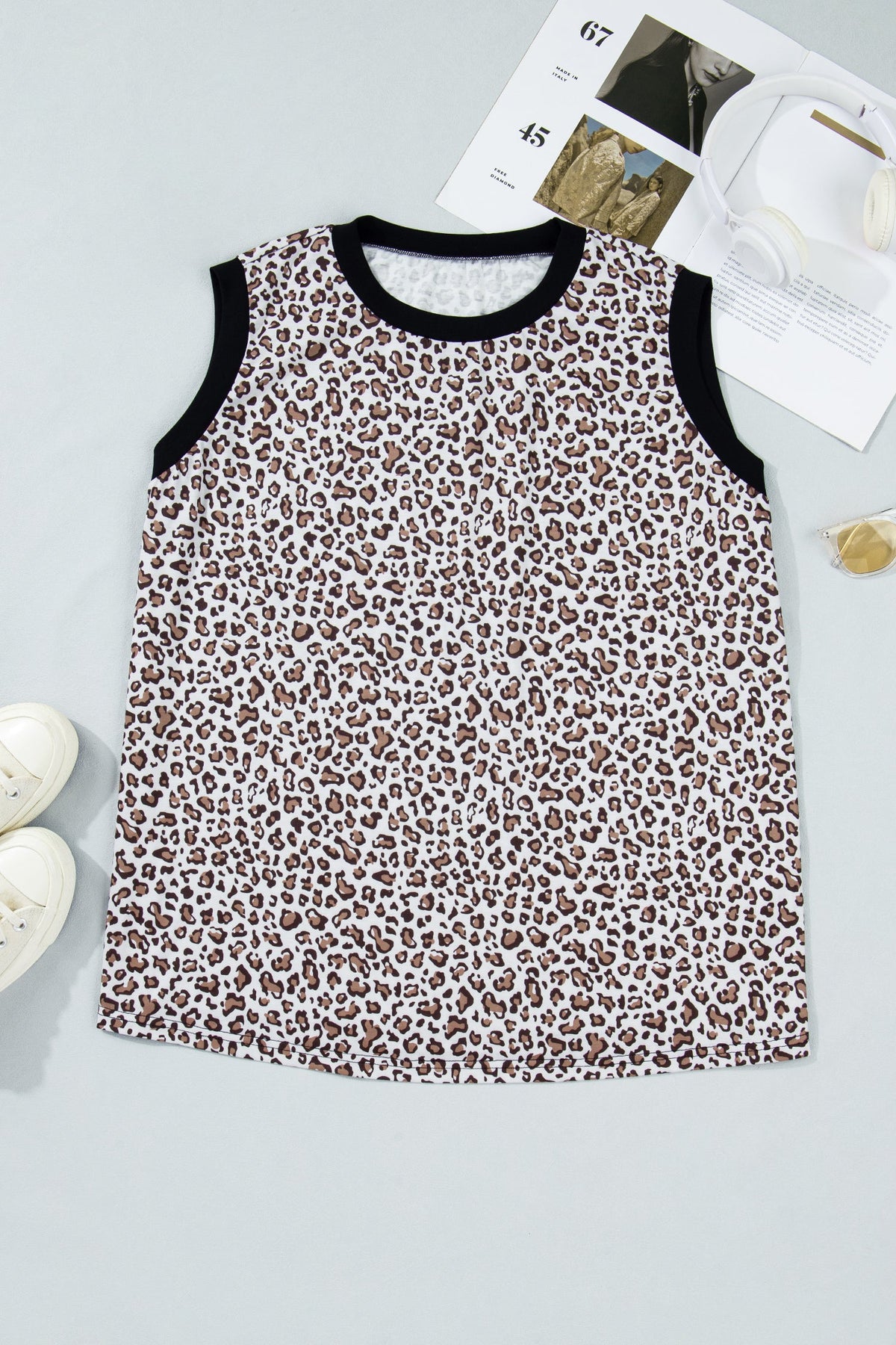 Plus Size Leopard Contrast Trim Sleeveless Top