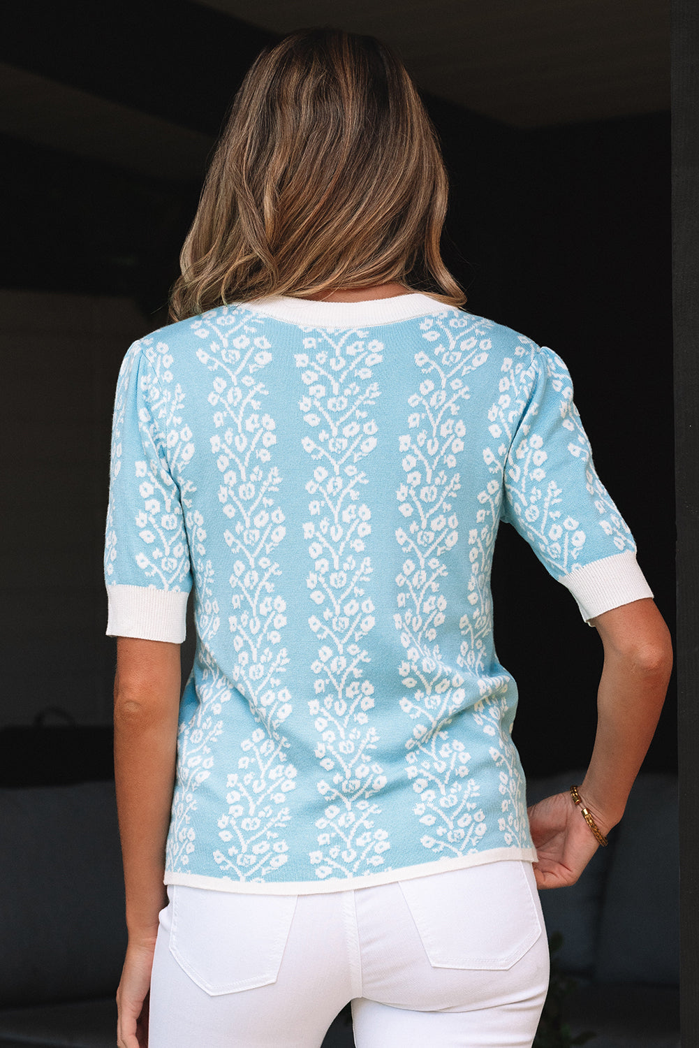 Floral Contrast Crewneck Short Sleeve Sweater