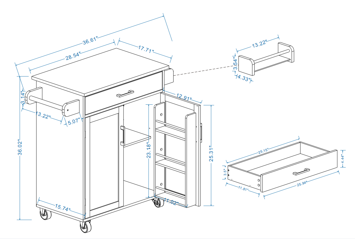Kitchen island rolling trolley cart with 1 drawer & 2 doors with storage racks & Adjustable Shelves & towel rack