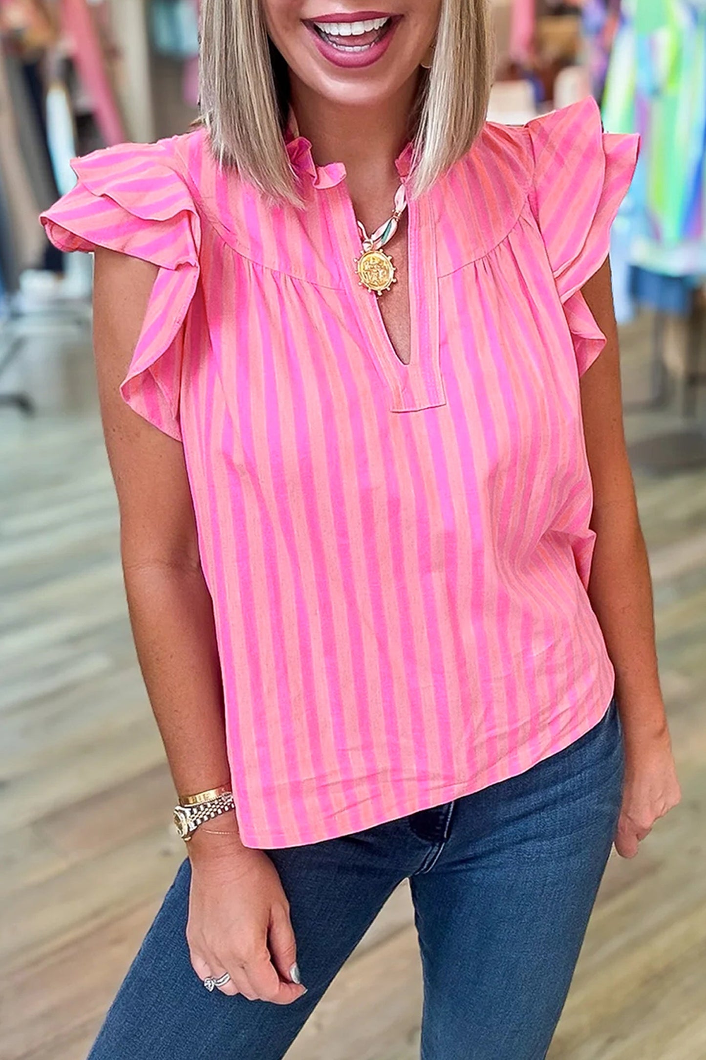 Stripe Split Neck Ruffle Sleeve Summer Blouse