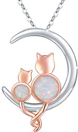 925 Sterling Silver Crescent Moon Opal Cat Pendant Necklace