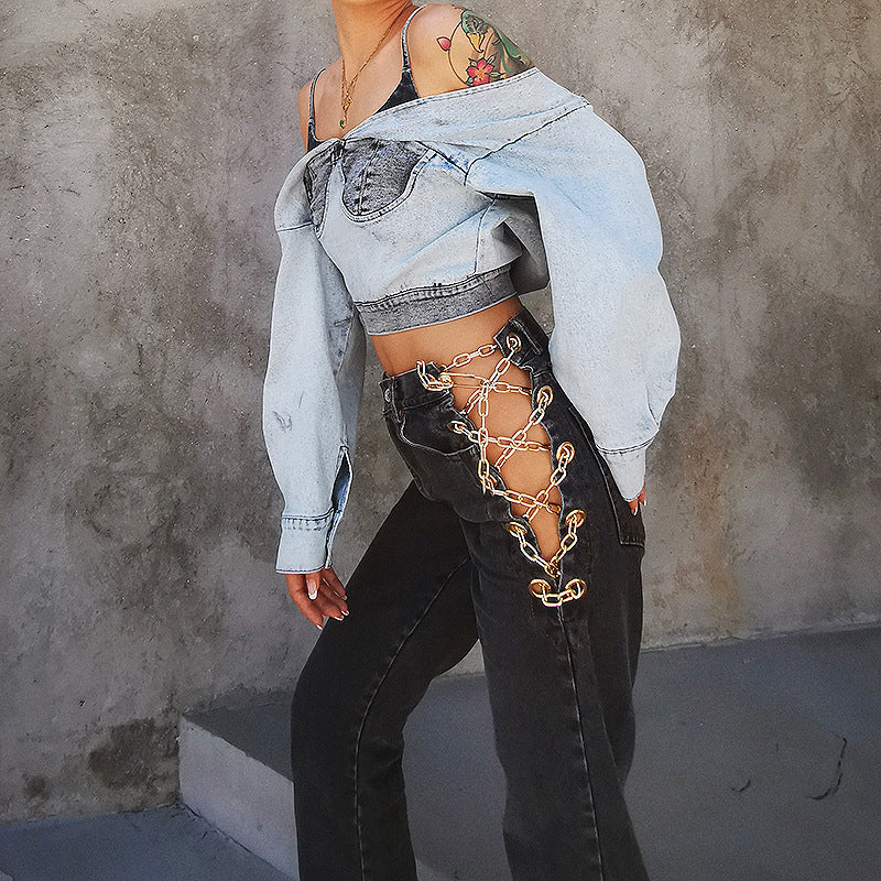 High-rise chain straight-leg jeans