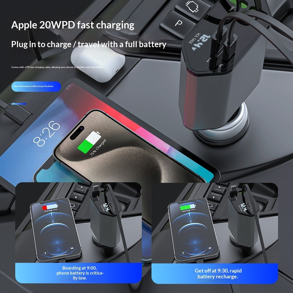 4 In 1 Retractable Car Charger Fast Car Phone Charger 120W With USB Type C Cable
