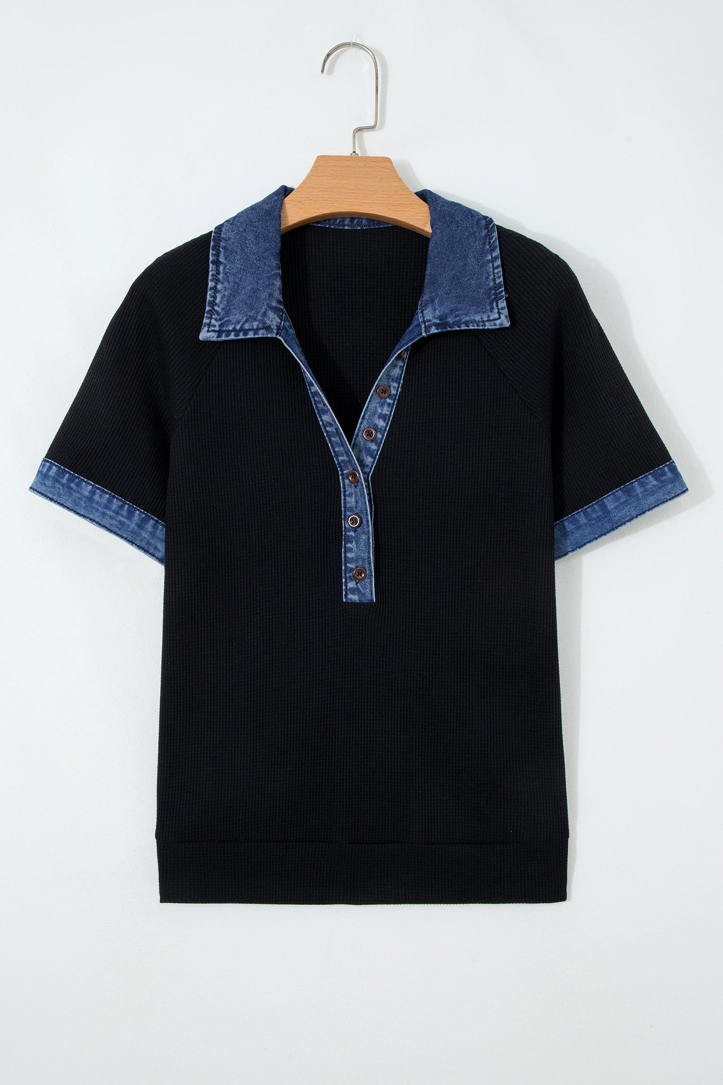 Denim Polo Collar Waffle Knit Patchwork Top
