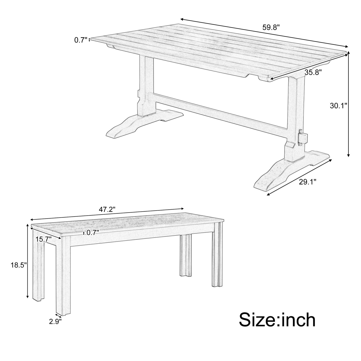 TREXM 3-piece retro cutlery set, rectangular stand table, and 2 wooden stools for 4 people (gray)
