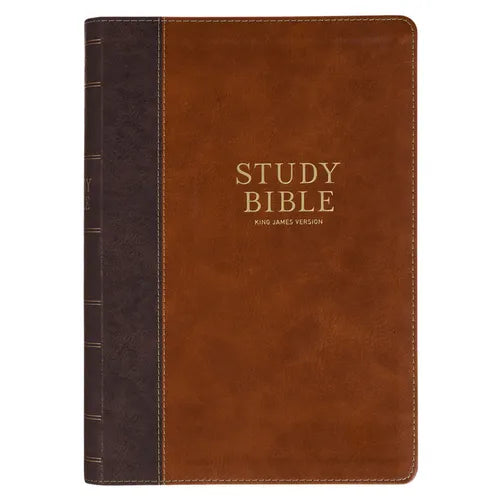 KJV Study Bible, Large Print King James Version Holy Bible, Thumb Tabs, Ribbons, Vegan Leather, Brown Two-Tone