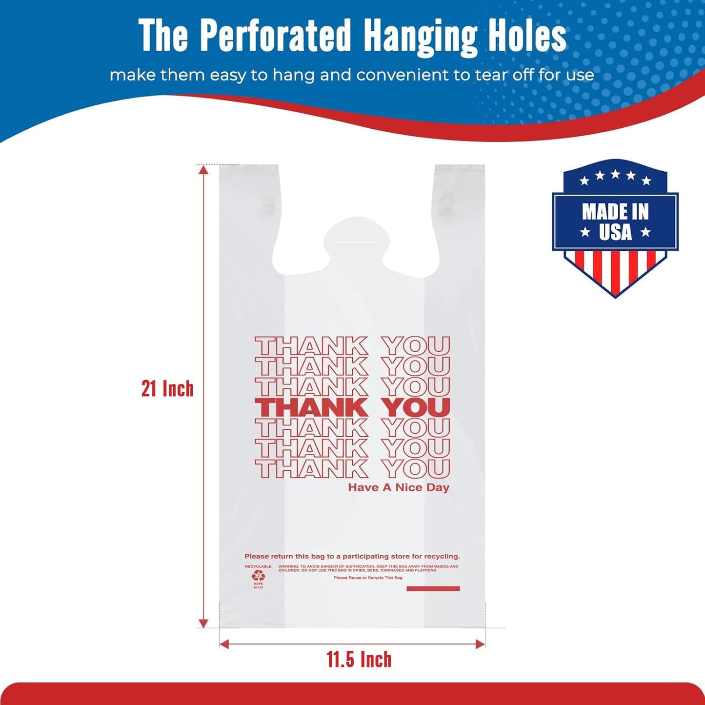 11.5 x 6.5 x 21“  0.47mil Thank You Plastic Bags 1000 Count